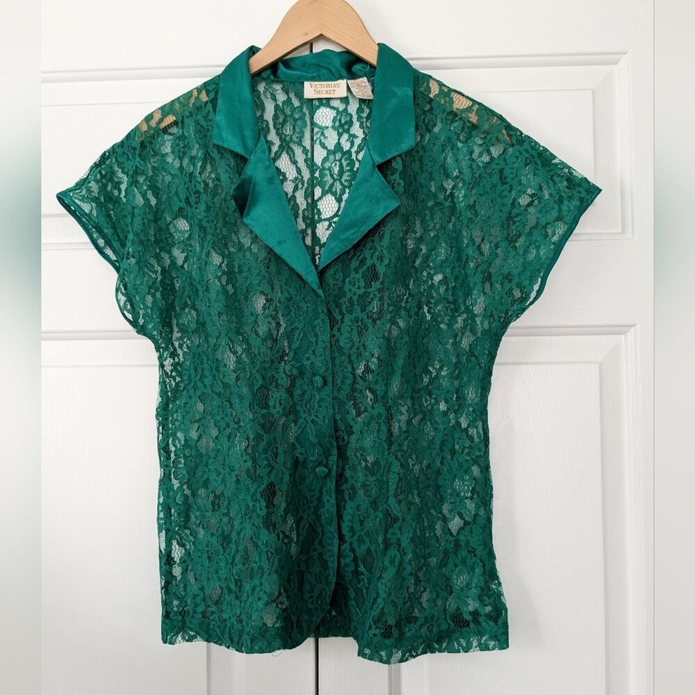 Vintage Victoria’s Secret Sheer Lace Short Sleeve Green Top, Gold Label